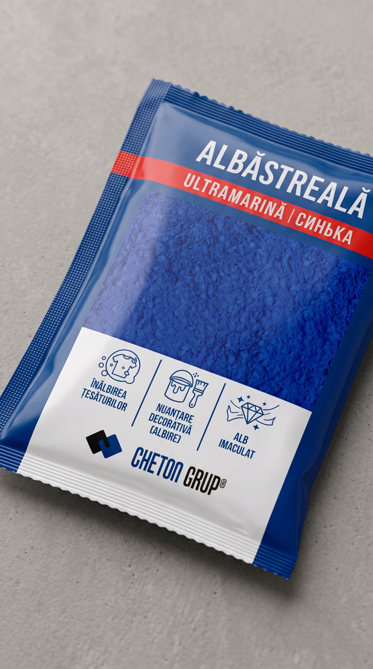 Packaging design for “Albăstreală Ultramarină” powdered blue dye for Cheton Grup 1.2