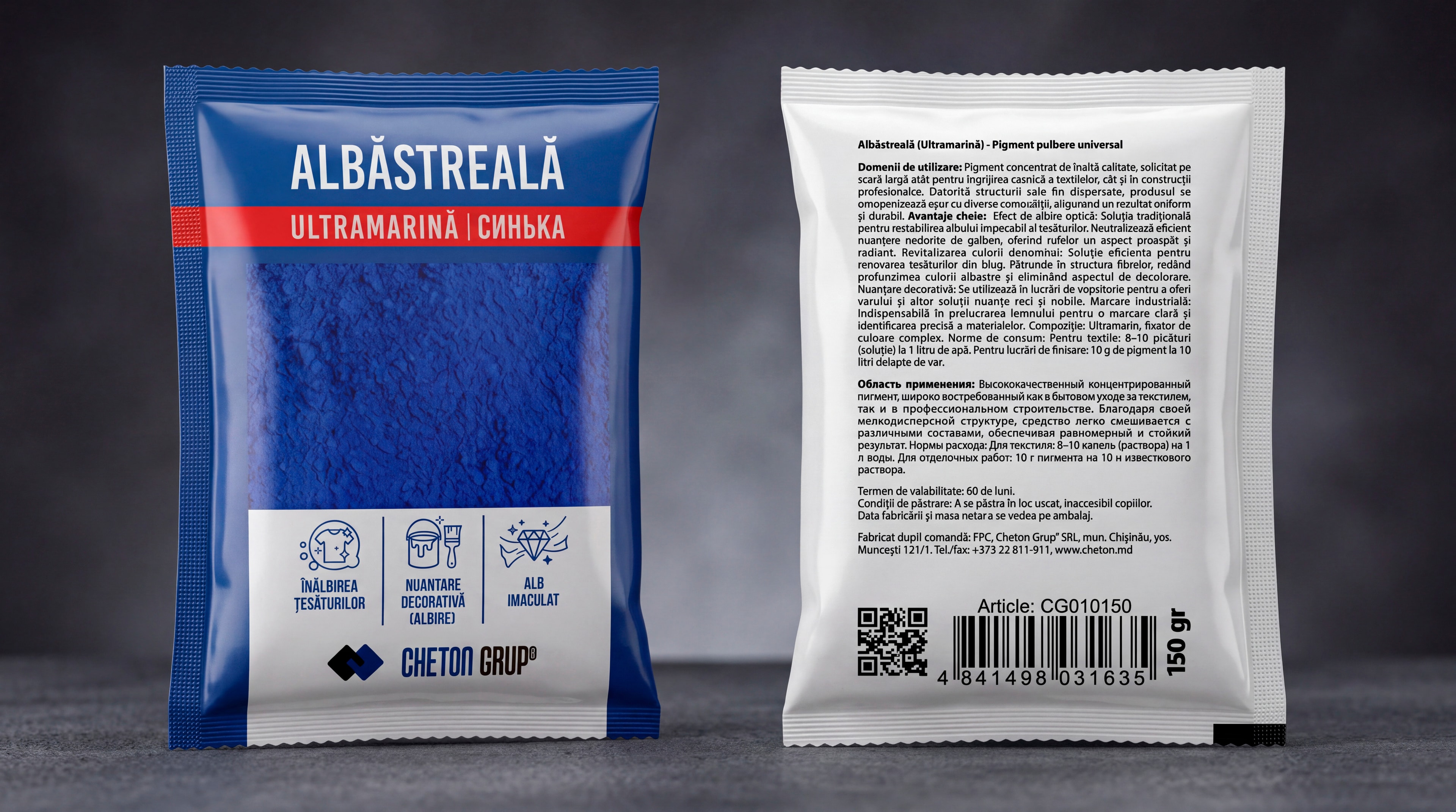 Packaging design for “Albăstreală Ultramarină” powdered blue dye for Cheton Grup 2
