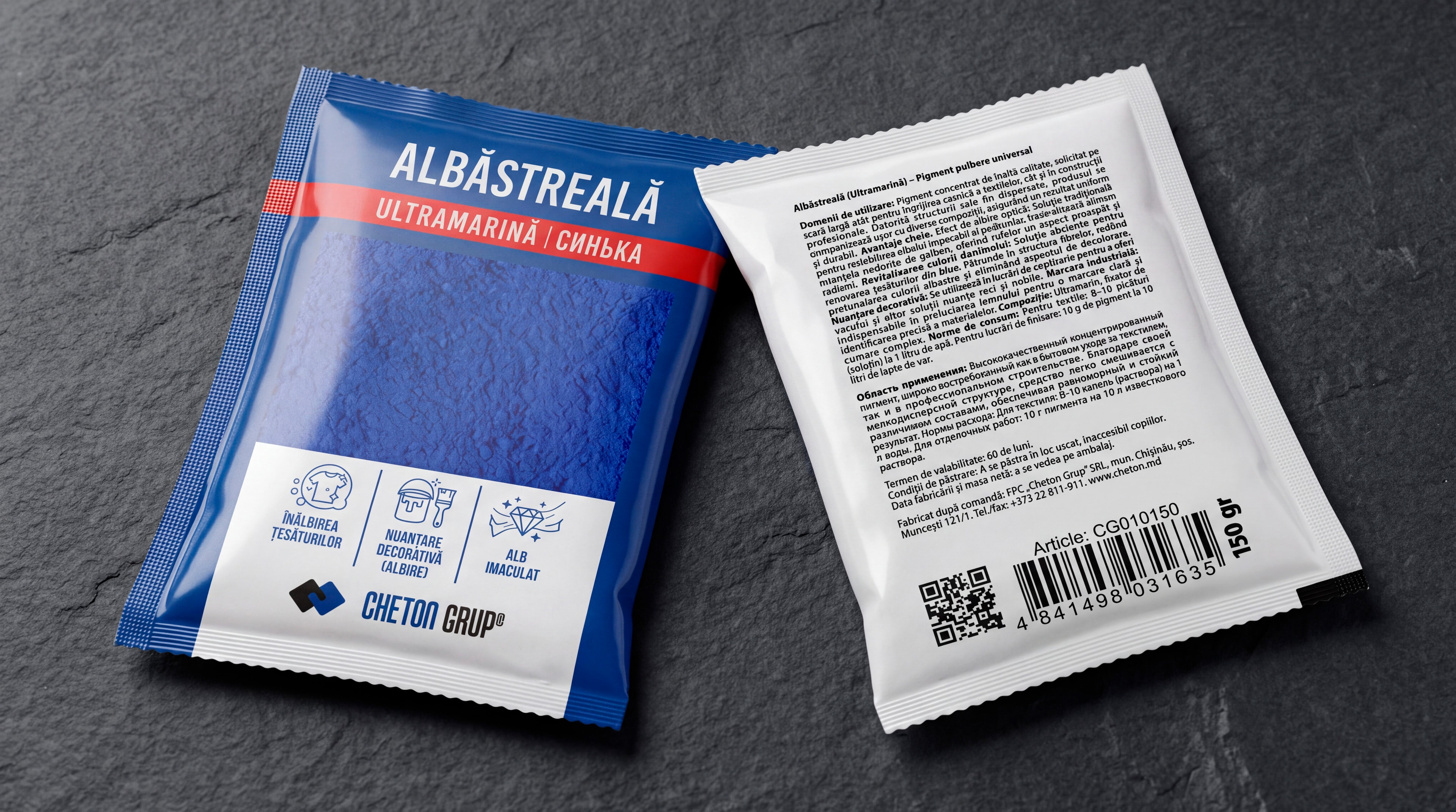 Packaging design for “Albăstreală Ultramarină” powdered blue dye for Cheton Grup 3